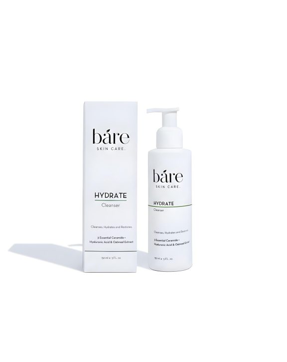 What does it do? A cleanser will only remove dirt, makeup and other debris. But a hydrating cleanser, like báre Hydrating Facial Cleanser, will do all that without disrupting the skin’s natural protective barrier. A gentle face wash it contains ingredients like 3 essential ceramides and hyaluronic acid that work to restore the skin’s natural barrier and lock in moisture. Ideal for: Dry/Normal, Sensitive & Acne Prone Concerns: Dry, Dehydrated, Oily & Sensitive Skin Suitable for: 16+ years of age Key benefits Restores skin barrier and locks in moisture Shields against environmental damages Blocks irritants Smoothens and plumps skin &nbsp; How to Incorporate Hydrating Facial Cleanser into Your Routine Step 1: Start with báre Hydrating Facial Cleanser to remove any impurities from your skin and leave your skin feeling wonderfully clean. Step 2: Apply the báre Glow Serum which will help repair your skin. Step 3: Seal everything with a hydrating moisturizer. Step 4: Use báre hydrate cleanser to protect your skin against sun damage.