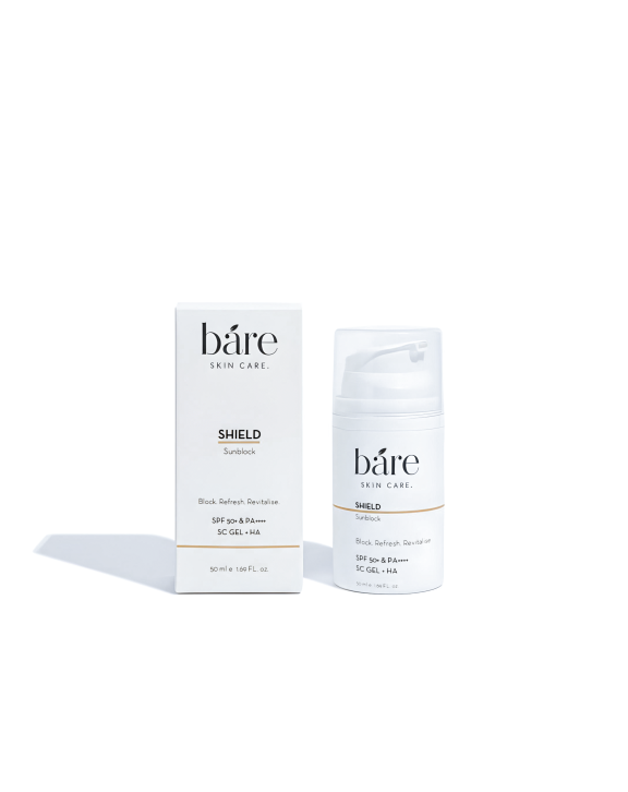 What does it do? SPF by báre offers powerful SPF 50+ and PA++++ protection, blocking up to 98% of UVB rays. It defends the skin against UVA damage, premature ageing, and dark spots. The lightweight, non-greasy formula blends seamlessly without leaving a white cast, while helping prevent hyperpigmentation. Enriched with SC Gel and Hyaluronic Acid, Shield keeps skin hydrated and fresh all day. It is sulfate-free, paraben-free, and cruelty-free for gentle yet effective care. Ideal for: Dry and Normal skin Concerns: Sun protection, UV exposure / damage Suitable for: 16+ years of age Key benefits Protects against hyperpigmentation Non-greasy Doesn’t leave a white cast Prevents premature ageing and dark spots &nbsp; How to Incorporate SHIELD SPF into Your Routine Step 1: Start with báre Hydrating Facial Cleanser to remove any impurities from your skin and leave your skin feeling wonderfully clean. Step 2: Apply the báre Glow Serum which will help repair your skin. Step 3: Seal everything with a hydrating moisturizer. Step 4: Use báre Shield Sunscreen to protect your skin against sun damage.