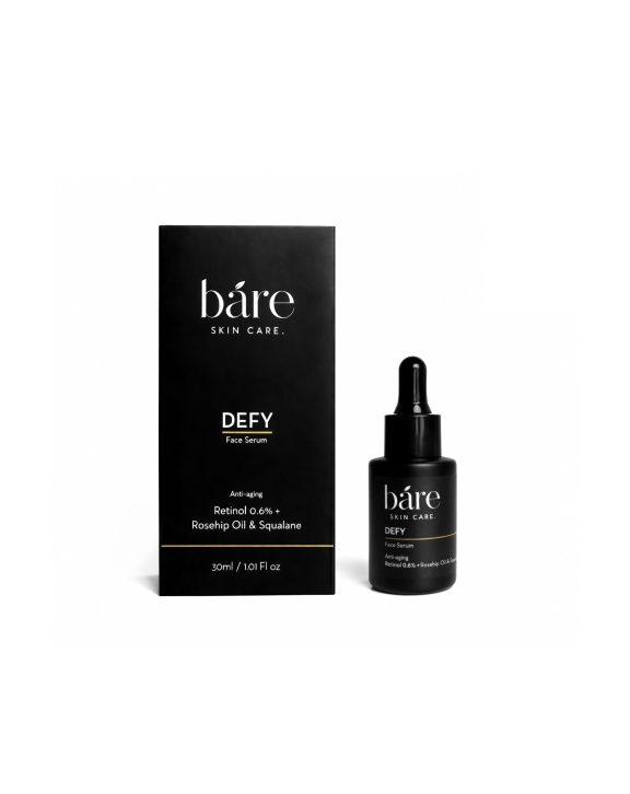 What does it do? The bare Defy Anti-Ageing Serum is formulated with 0.6% retinol, rosehip seed oil, and squalene; a powerful blend that promotes skin renewal while deeply nourishing and repairing. Retinol works to smooth fine lines, refine texture, and boost radiance, while rosehip seed oil and squalane provide soothing hydration to maintain skin balance. Together, they help reveal a firmer, more youthful-looking complexion with continued use. Ideal for: Dry, Normal, Combination, Dehydrated, and Aging skin. Concerns:  Fine Lines, Wrinkles & Loss of Elasticity Suitable for: 18+ years of age Key benefits It helps prevent moisture loss, leaving the skin supple and hydrated. Stimulates collagen synthesis, improves skin elasticity, reduces fine lines & wrinkles. The regenerating properties of rosehip oil, reveals a brighter, more even-toned complexion. Fights free-radical damage from environmental aggressors and protect skin health.